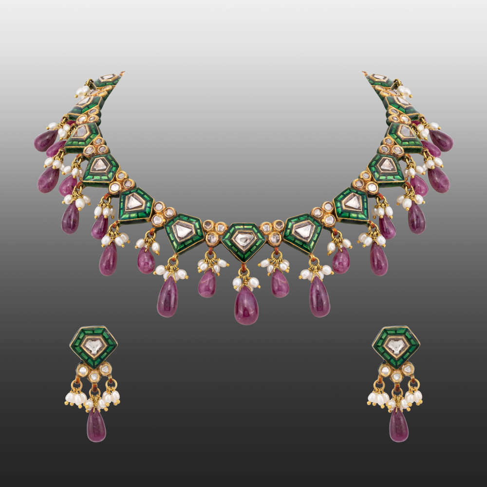 Green Talaf Polki Neacklace Set with Ruby Colour Drops